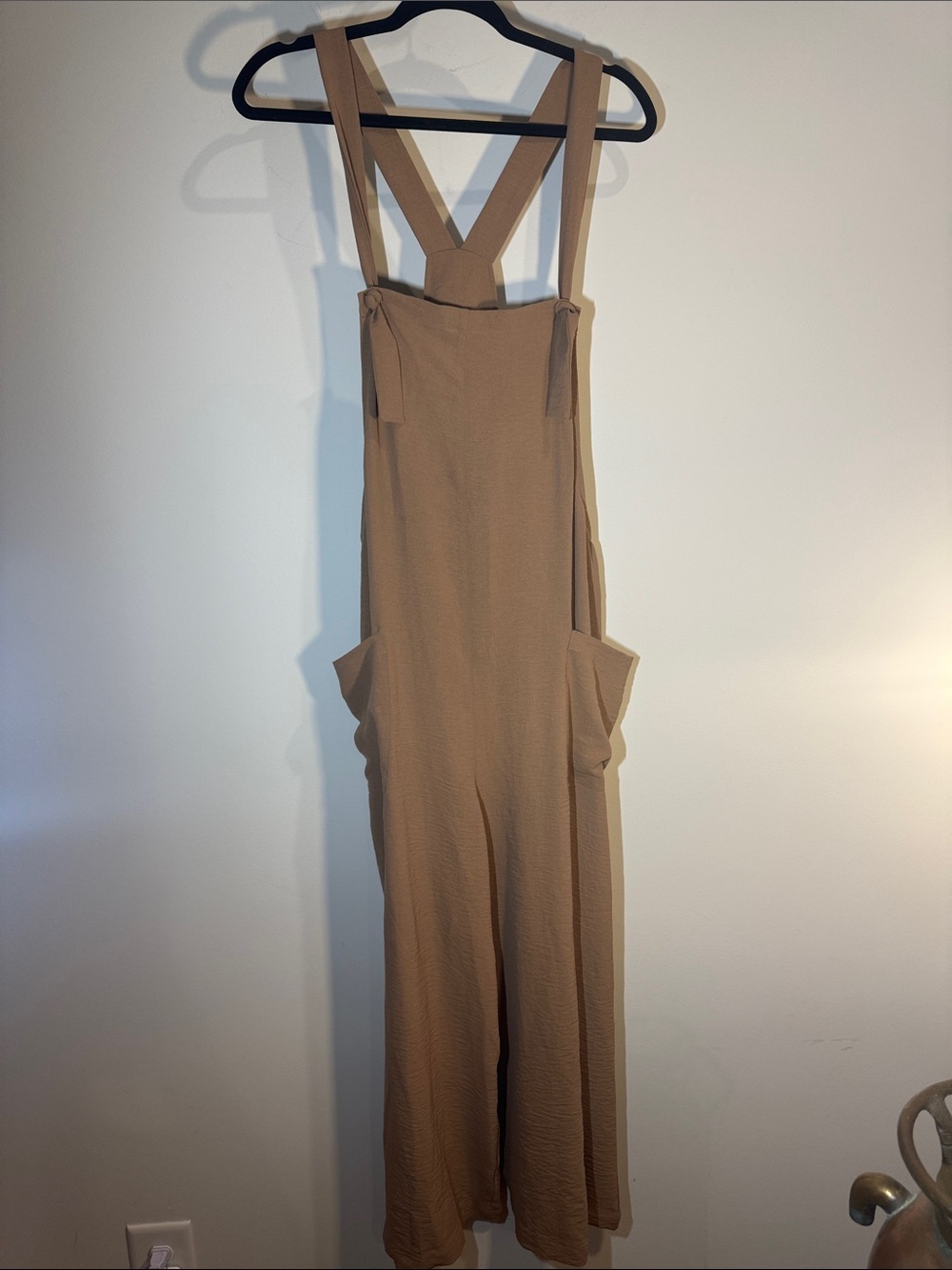 Beige Wide-Leg Suspender Romper with Utility Pockets